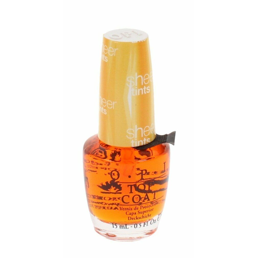 Nagellackflasche mit gelbem Deckel. Aufschrift "sheer tints" und "TOP COAT". Flüssigkeit orangefarben. Volumen: 15 ml.