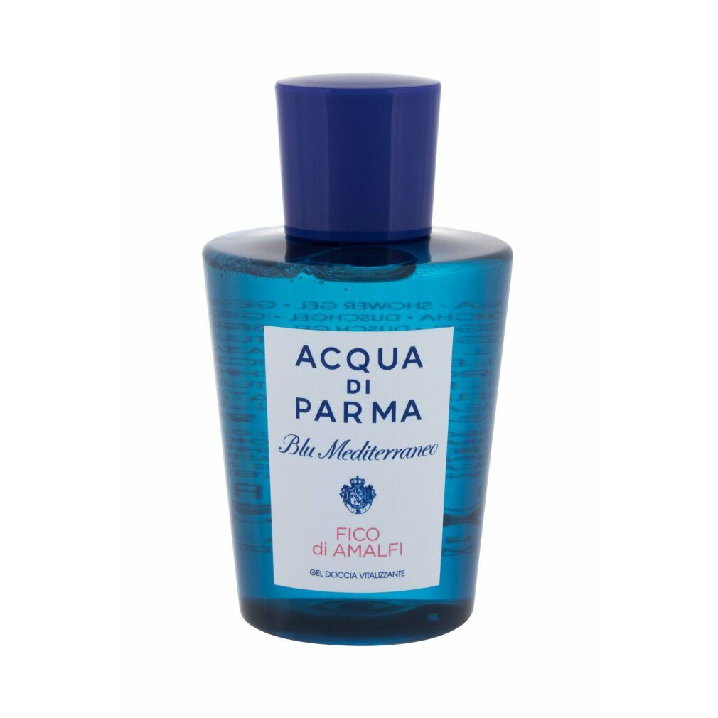 Blau getönte Flasche mit blauem Deckel. Auf weißem Etikett: Acqua di Parma, Blu Mediterraneo, Fico di Amalfi. Gel-Text.