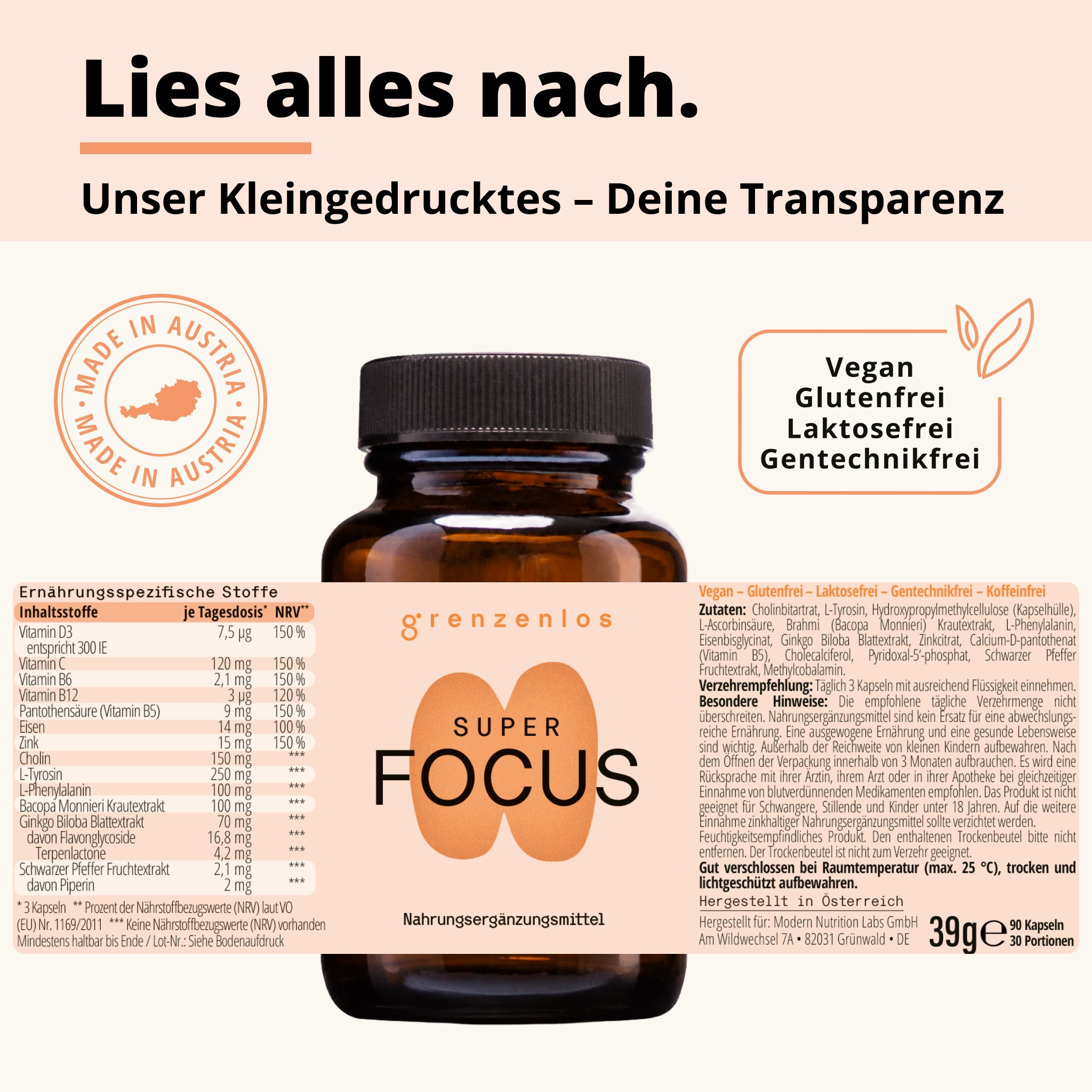 Braune Glasflasche mit Etikett 'grenzenlos SUPER FOCUS'. Enthält 90 Kapseln.