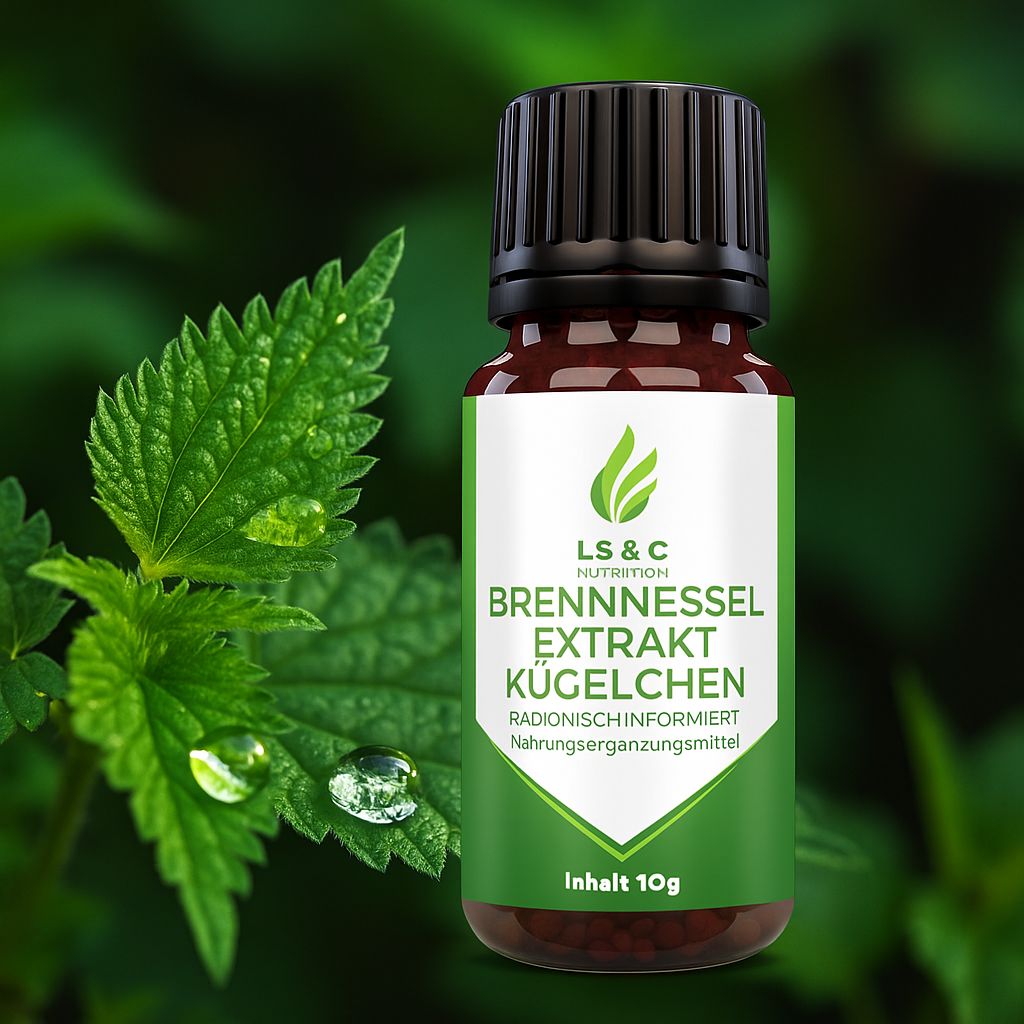 Braune Glasflasche mit schwarzem Deckel und grünem Etikett, vor grünem Hintergrund. Text: LS & C Nutrition, Brennnessel Extrakt Kügelchen.