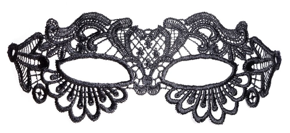 Schwarze Augenmaske aus Spitze. Die Maske bedeckt die Augenpartie. Detailaufnahme der Maske.
