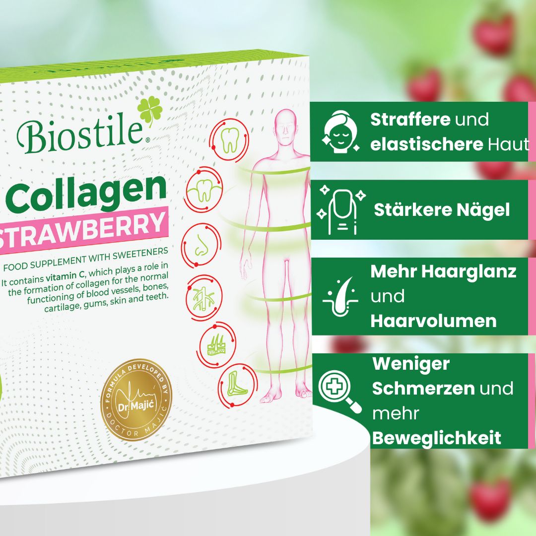 Biostile Collagen Strawberry Verpackung mit Icons für Haut, Nägel, Haare und Gelenke.