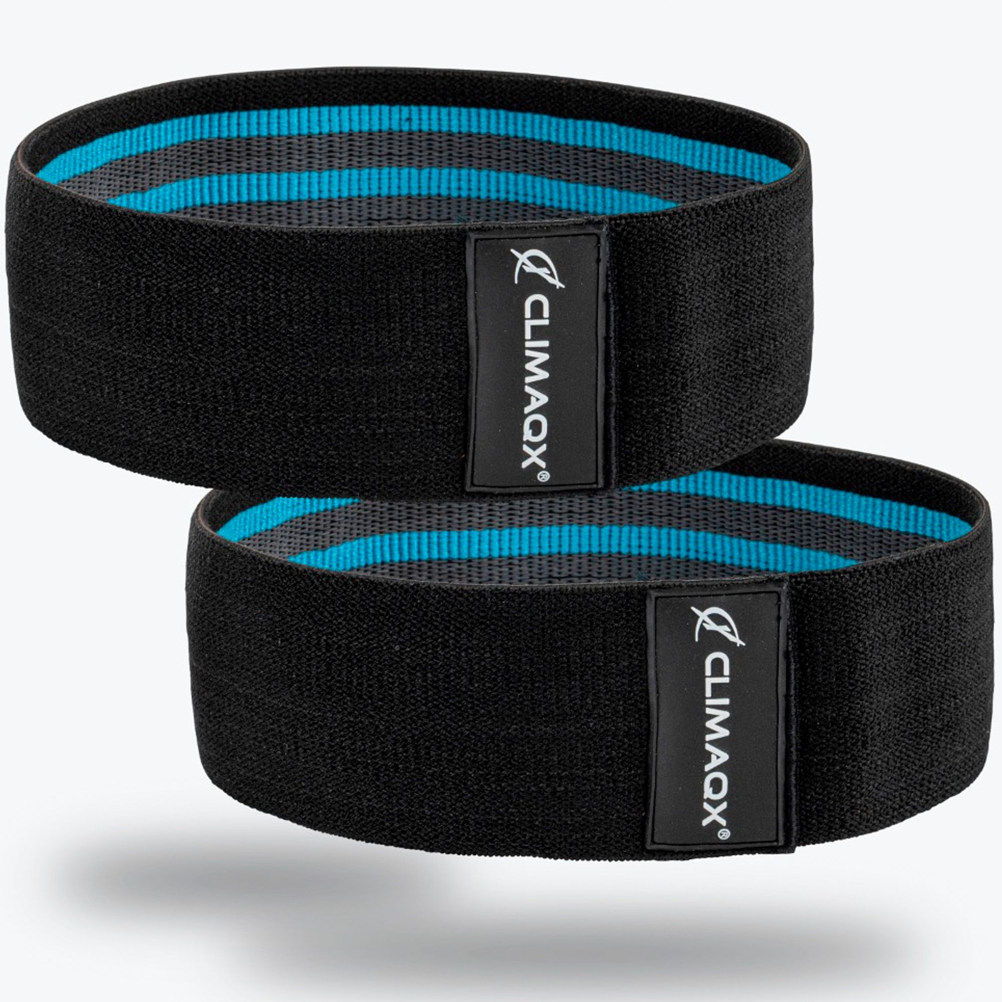 Zwei schwarze Widerstandsbänder mit blauen Streifen. Auf jedem Band ist ein schwarzes Etikett mit dem Logo "CLIMAXQ".