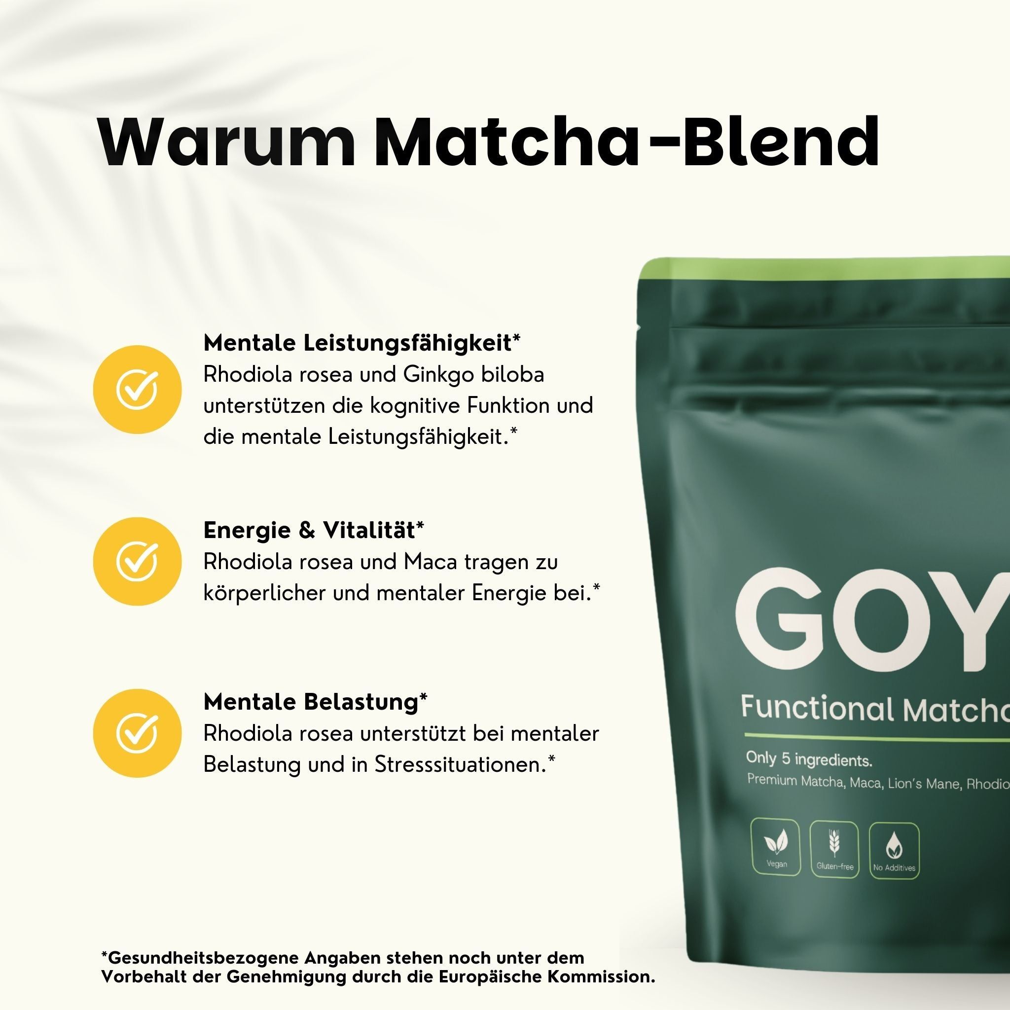 Dunkelgrüne Verpackung GOYU. Text: Warum Matcha-Blend? Mentale Leistungsfähigkeit, Energie & Vitalität, mentale Belastung. Gesundheitsbezogene Angaben.