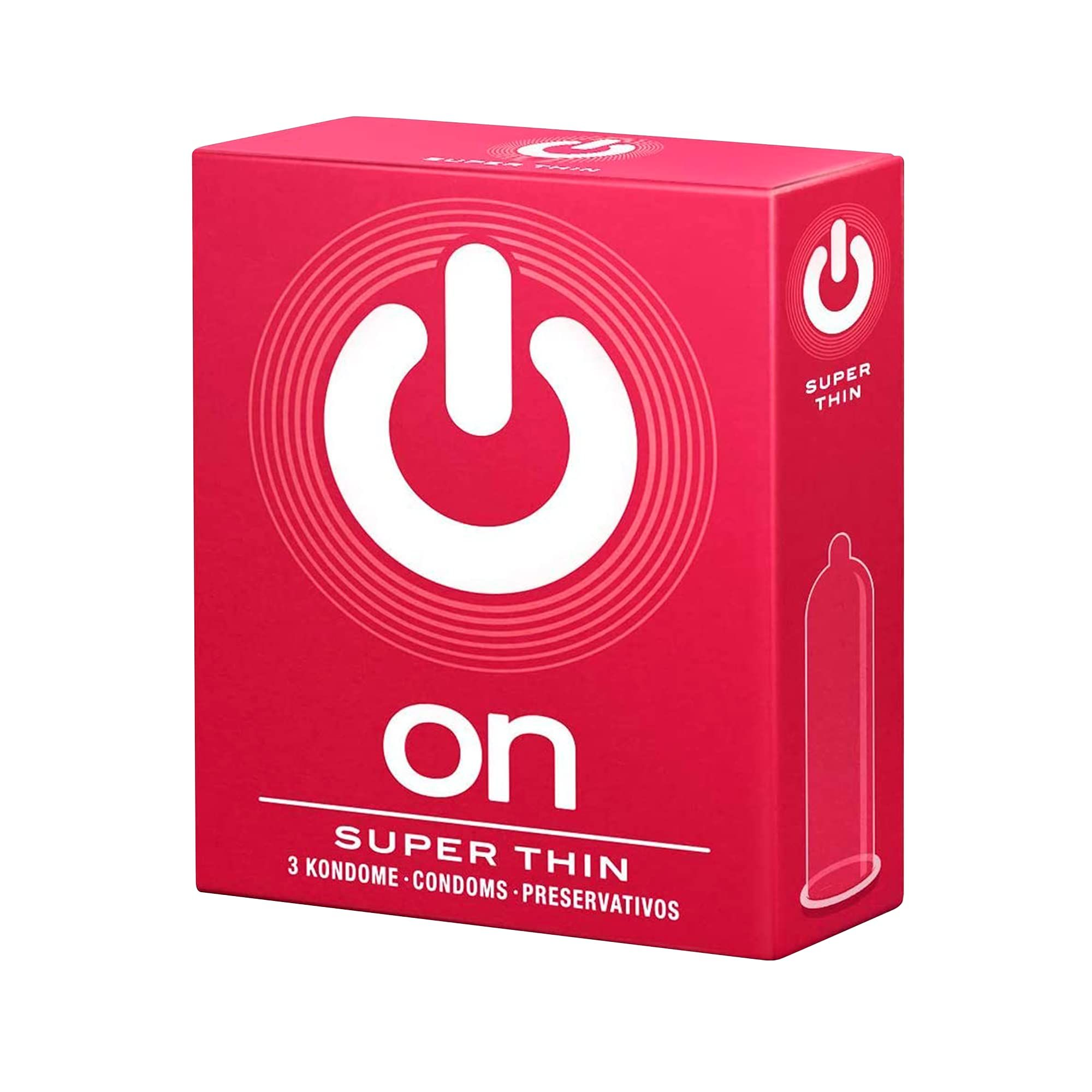 Rote Packung mit ON Kondomen, Super Thin, 3 Stück.