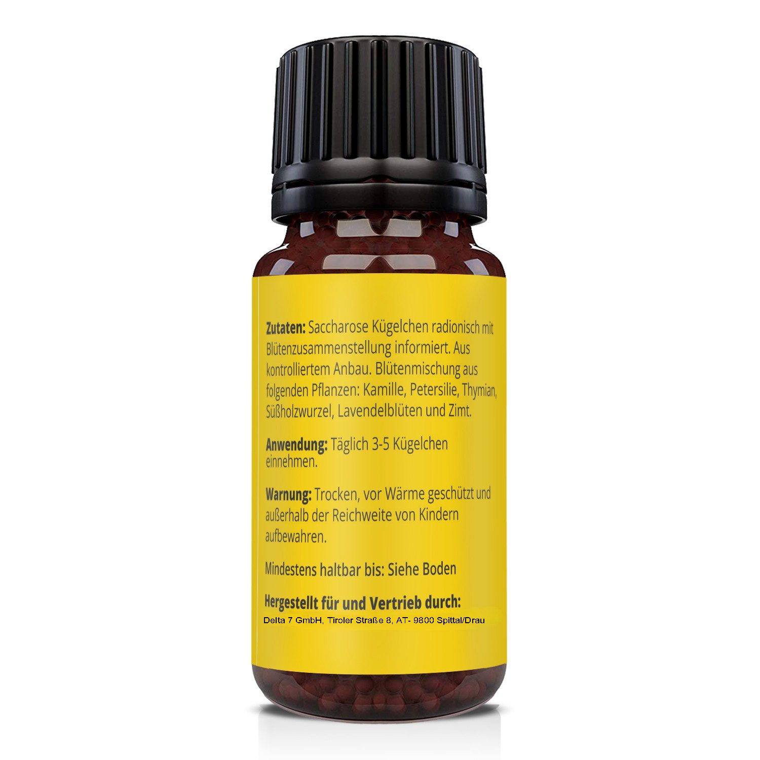 Rückseite der braunen Glasflasche mit schwarzem Deckel und gelbem Etikett. Text über Inhaltsstoffe und Anwendung.
