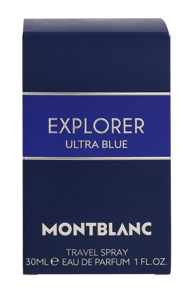 Blauer Karton mit Aufschrift EXPLORER ULTRA BLUE. Montblanc-Logo. Travel Spray. 30ml Eau de Parfum.