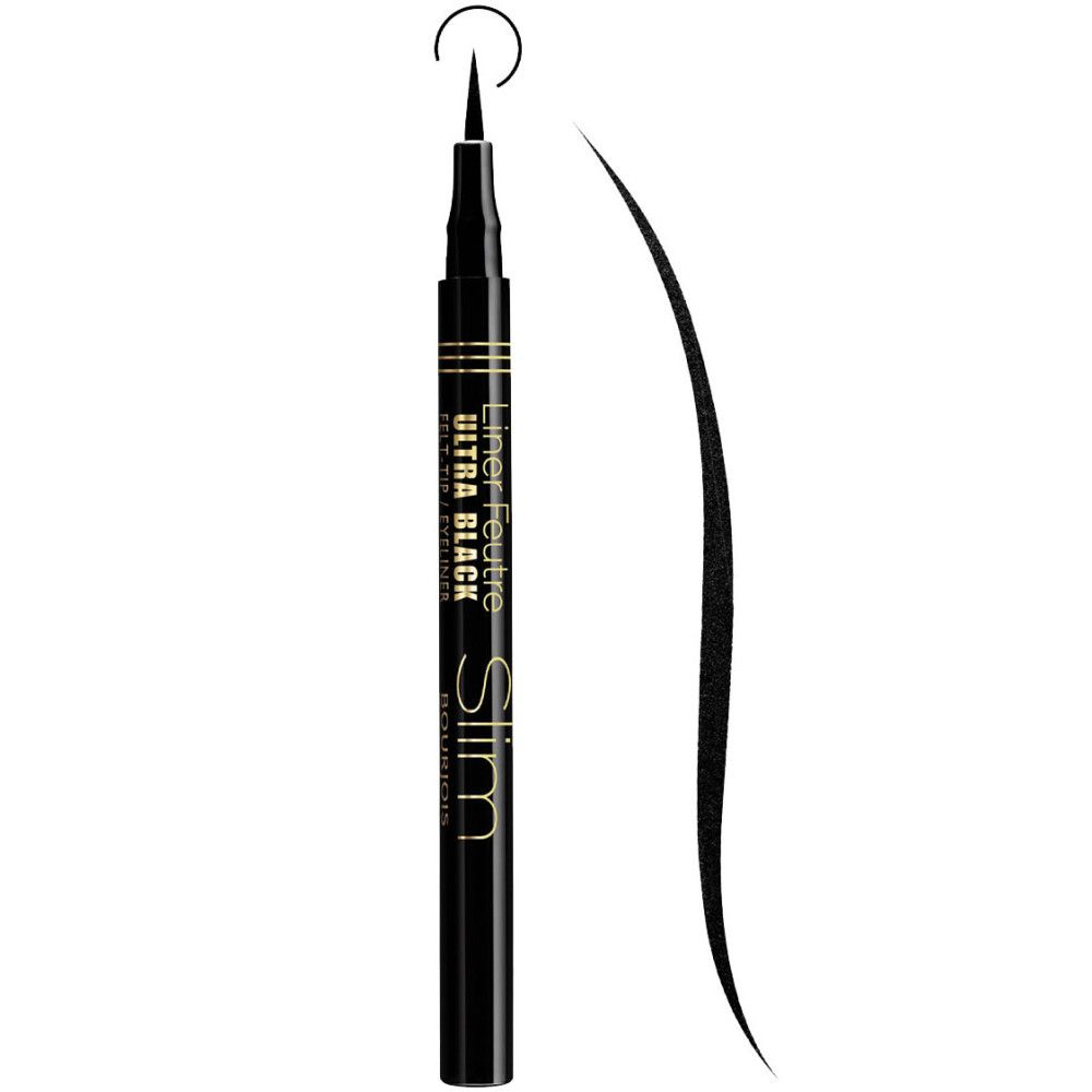 Schwarzer Eyeliner-Stift mit der Aufschrift "Liner Feutre Ultra Black Slim". Spitze und Strich sichtbar.