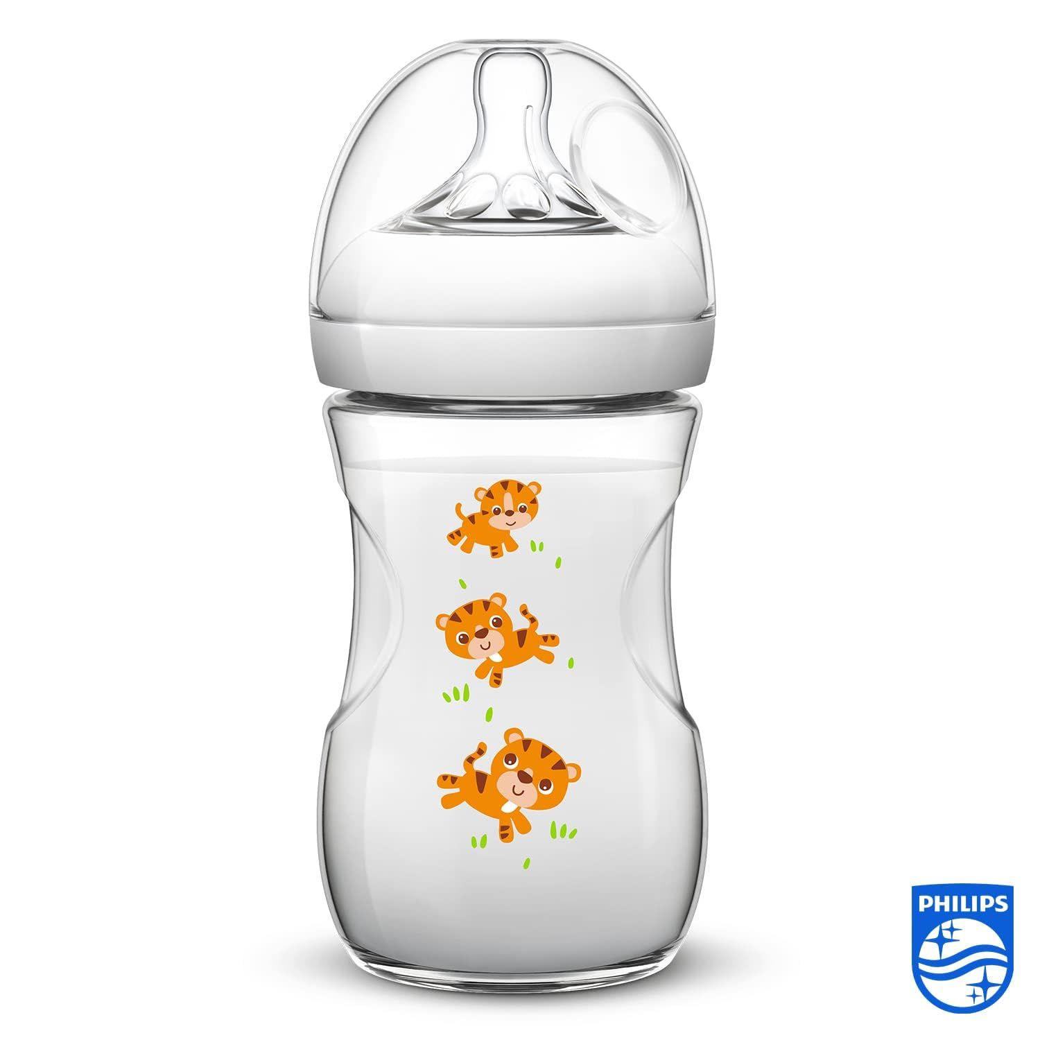 Babyflasche mit Tigermuster. Transparente Flasche mit weißem Sauger und Deckel. Philips-Logo.