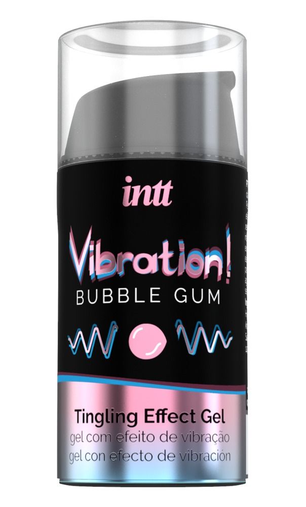 Zylindrische Flasche mit Produktnamen und Logo. Text: Vibration! Bubble Gum, Tingling Effect Gel. Mit Dosierkopf und transparentem Deckel.