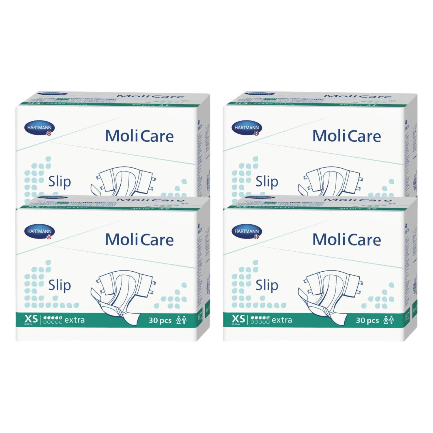 Vier Kartons MoliCare Slip Extra Plus. Aufschrift: Hartmann, MoliCare Slip, XS, 6 Tropfen, 30 Stück.