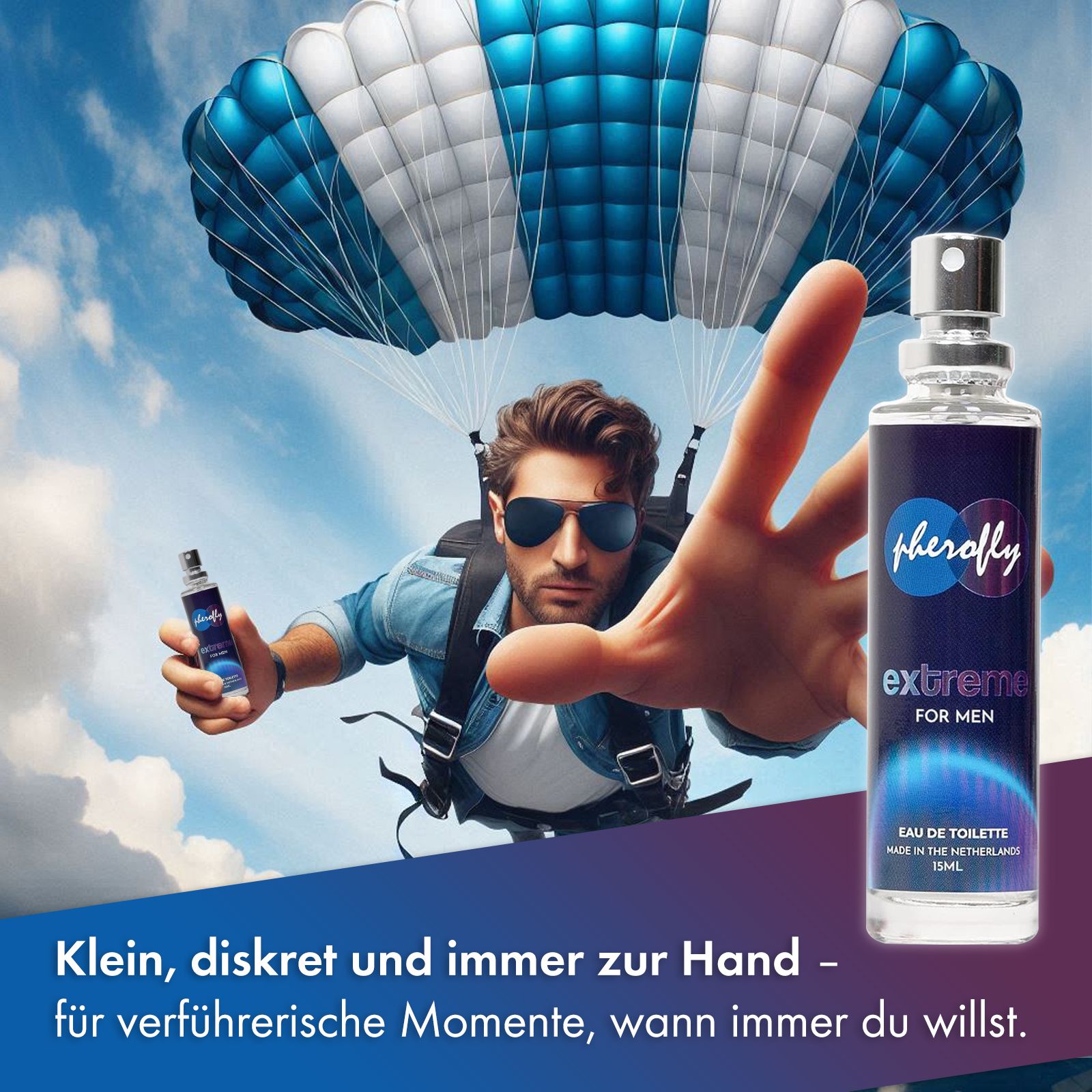 Pherofly Extreme for Men Eau de Toilette Flakon. 15ml. Text: Klein, diskret und immer zur Hand.