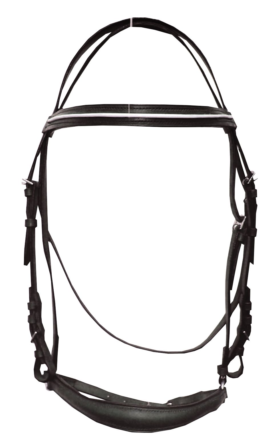 Schwarzer Trensenzaum mit weißem Akzent. Lederriemen, Metallverschlüsse. Gebogene Form für das Maul. Detailansicht.