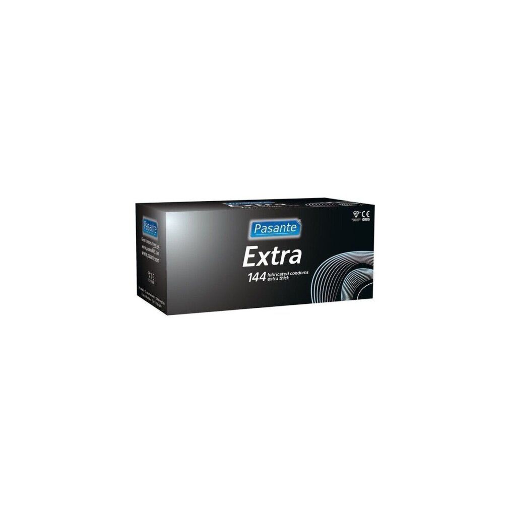 Schwarze Verpackung mit Produktnamen und 144 Kondomen. Extra dick, extra geschmiert. CE-Kennzeichnung.