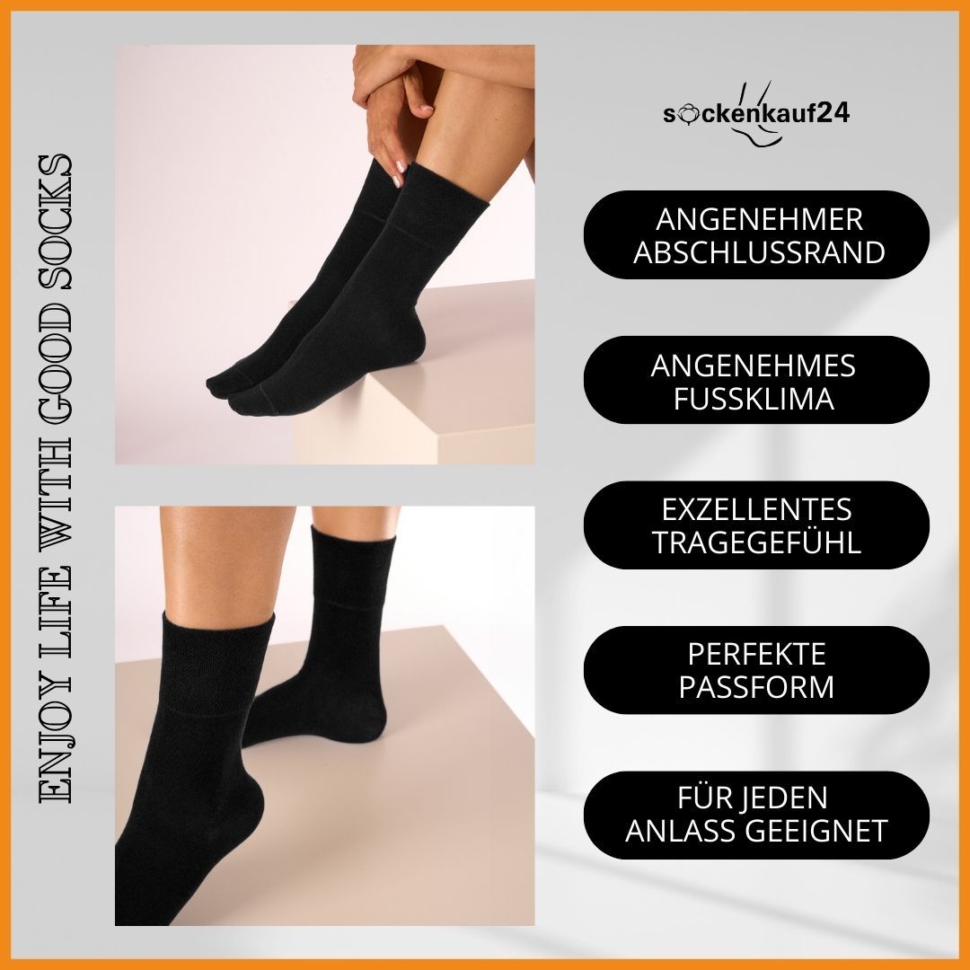 Zwei Paar schwarze Socken. Angenehmer Abschlussrand, angenehmes Fußklima, exzellentes Tragegefühl, perfekte Passform, für jeden Anlass geeignet.