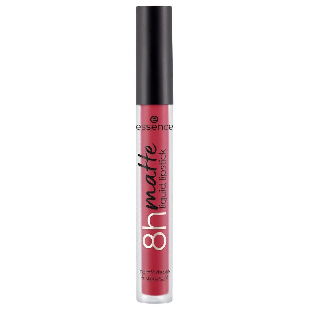 Essence 8h Matte Flüssiger Lippenstift. Roter Lippenstift in durchsichtiger Flasche mit schwarzem Deckel. Marke und Produktbezeichnung sichtbar.