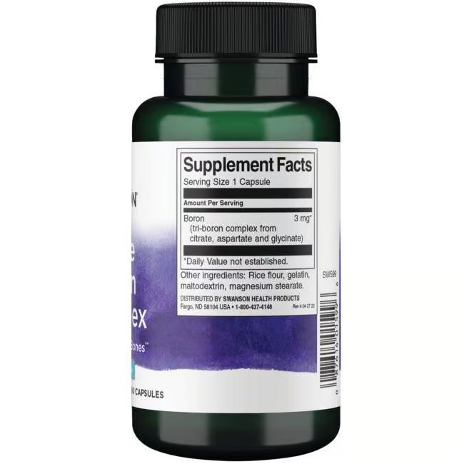 Rückseite der grünen Flasche. Etikett mit Nährwertangaben: Bor, 3 mg. Zutaten: Reismehl, Gelatine, Maltodextrin, Magnesiumstearat.