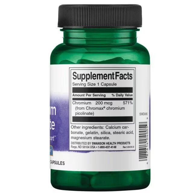 Rückseite einer grünen Flasche. Etikett mit Nährwertangaben: Chrom 200 mcg. Enthält Chromax, Chrompicolinat. Inhaltsstoffe.