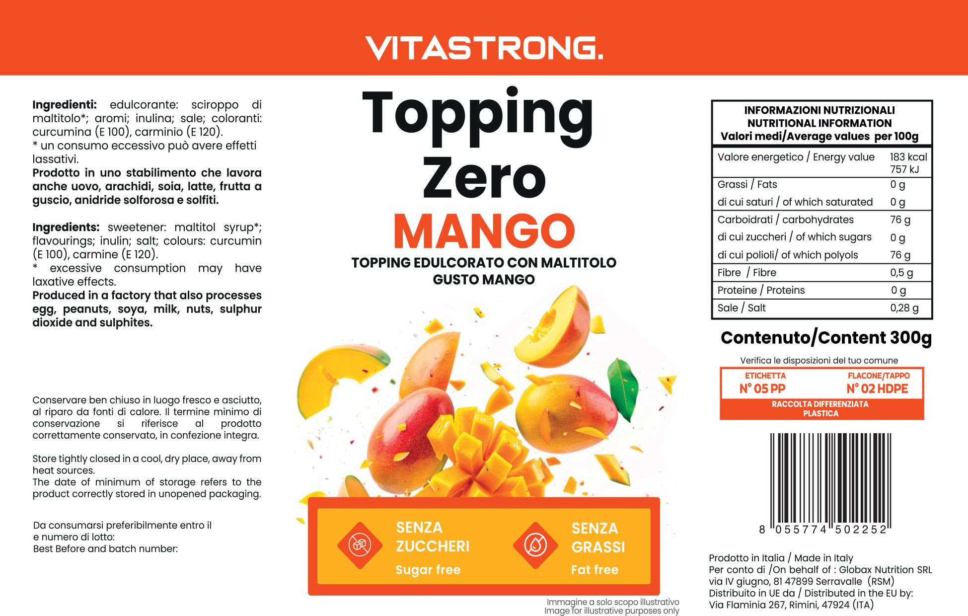 Vitastrong Topping Zero Mango. Produktverpackung mit Text und Mangos. Enthält Angaben zu Nährwerten und Inhaltsstoffen.