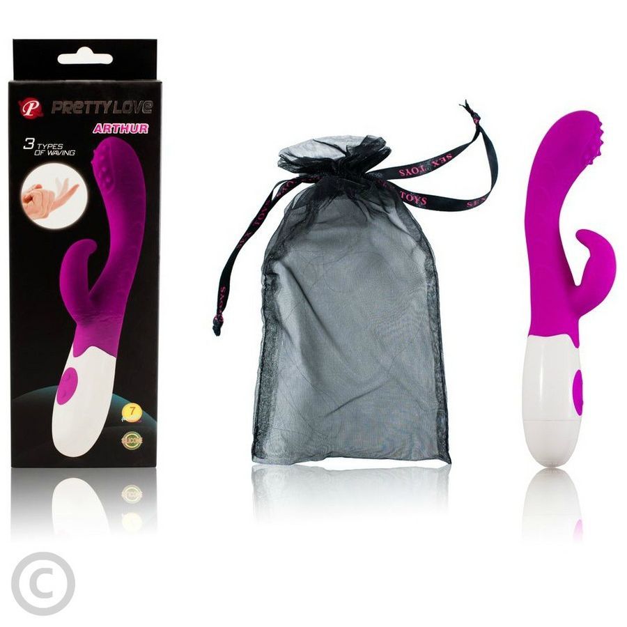 Lila Vibrator mit weißem Griff, in Verpackung und Beutel. Verpackung mit Produktname und Logo.