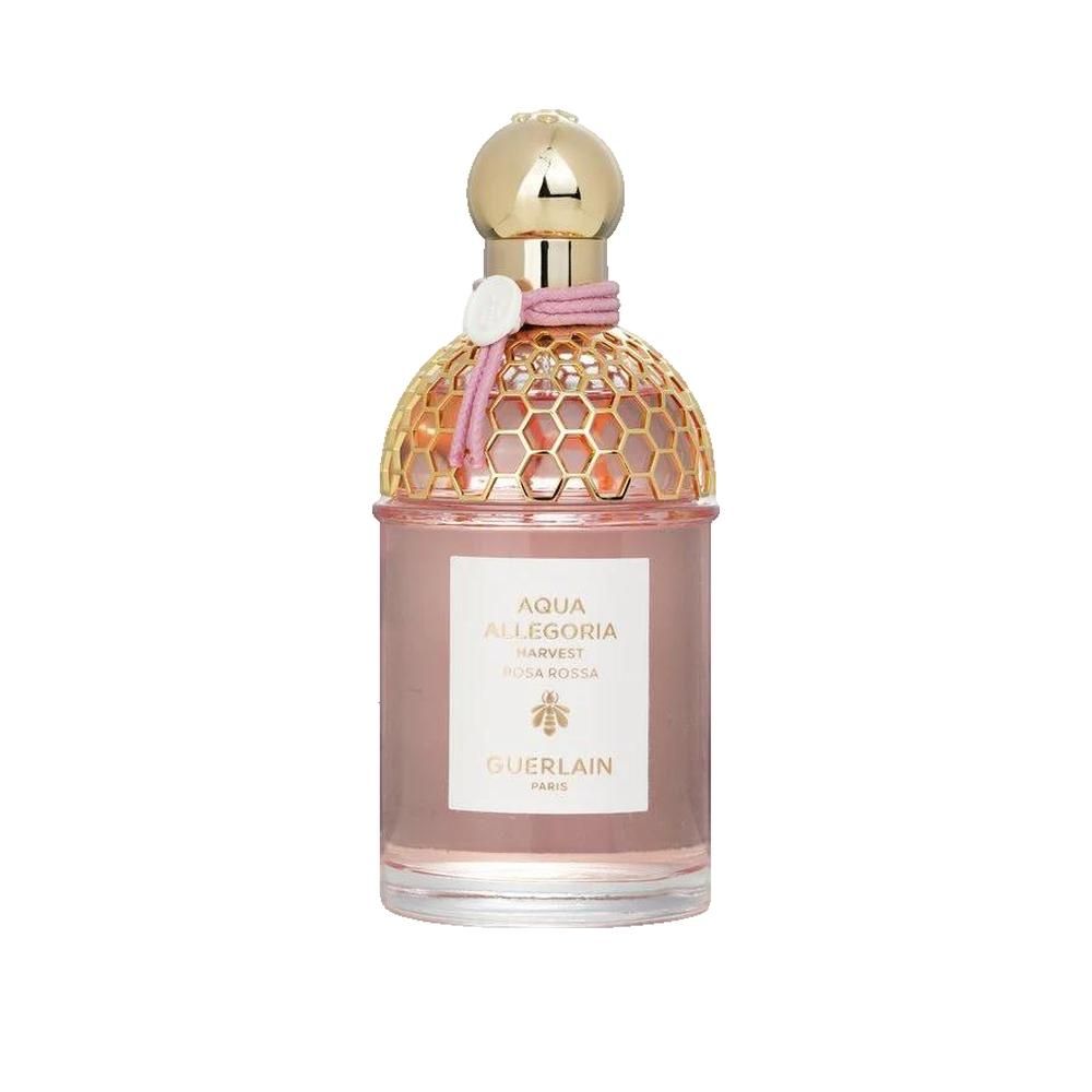 Parfümflasche mit goldfarbenem Deckel, rosa Flüssigkeit und rosa Band. Aufschrift: Aqua Allegoria Harvest Rosa Rossa, Guerlain.