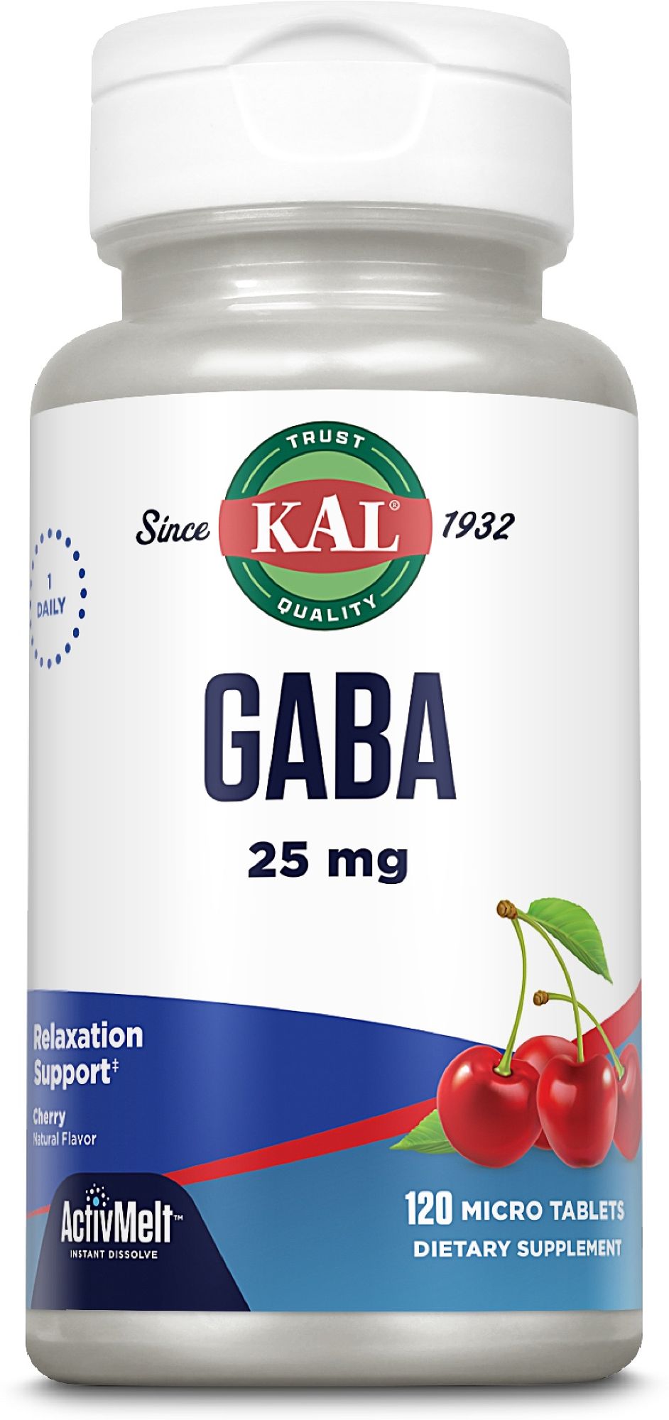 KAL GABA 25 mg ActivMelt Microtabletten in Kirschgeschmack, Flasche mit 120 Stück.