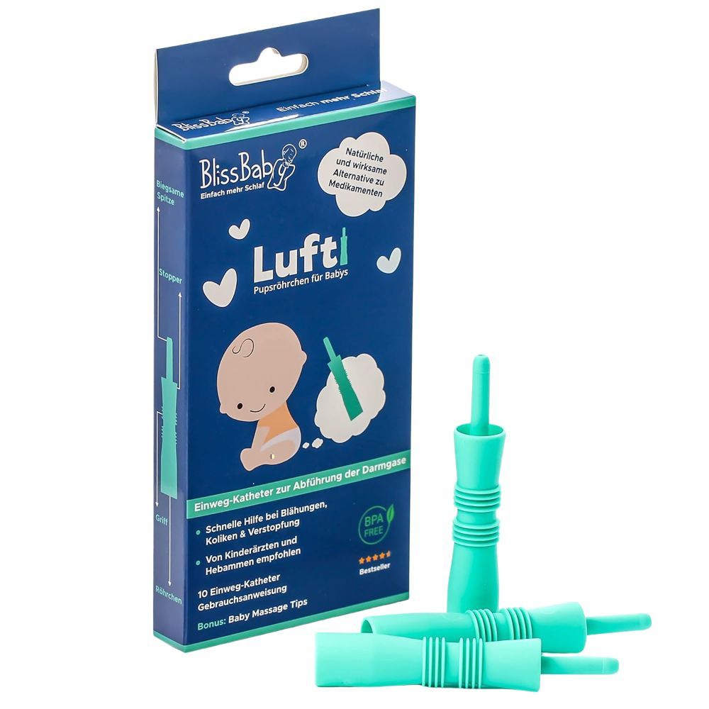 Verpackung mit Produkt. Türkisfarbene Röhrchen liegen daneben. Aufdruck: BlissBaby Lufti, Einweg-Katheter für Babys, 10 Stück.