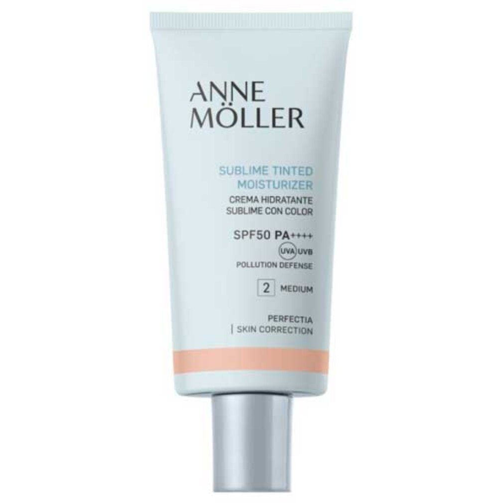 Tube mit getönter Feuchtigkeitspflege. Marke: Anne Möller. SPF50. Farbton: 2 Medium. Text in Englisch, Spanisch und Italienisch.