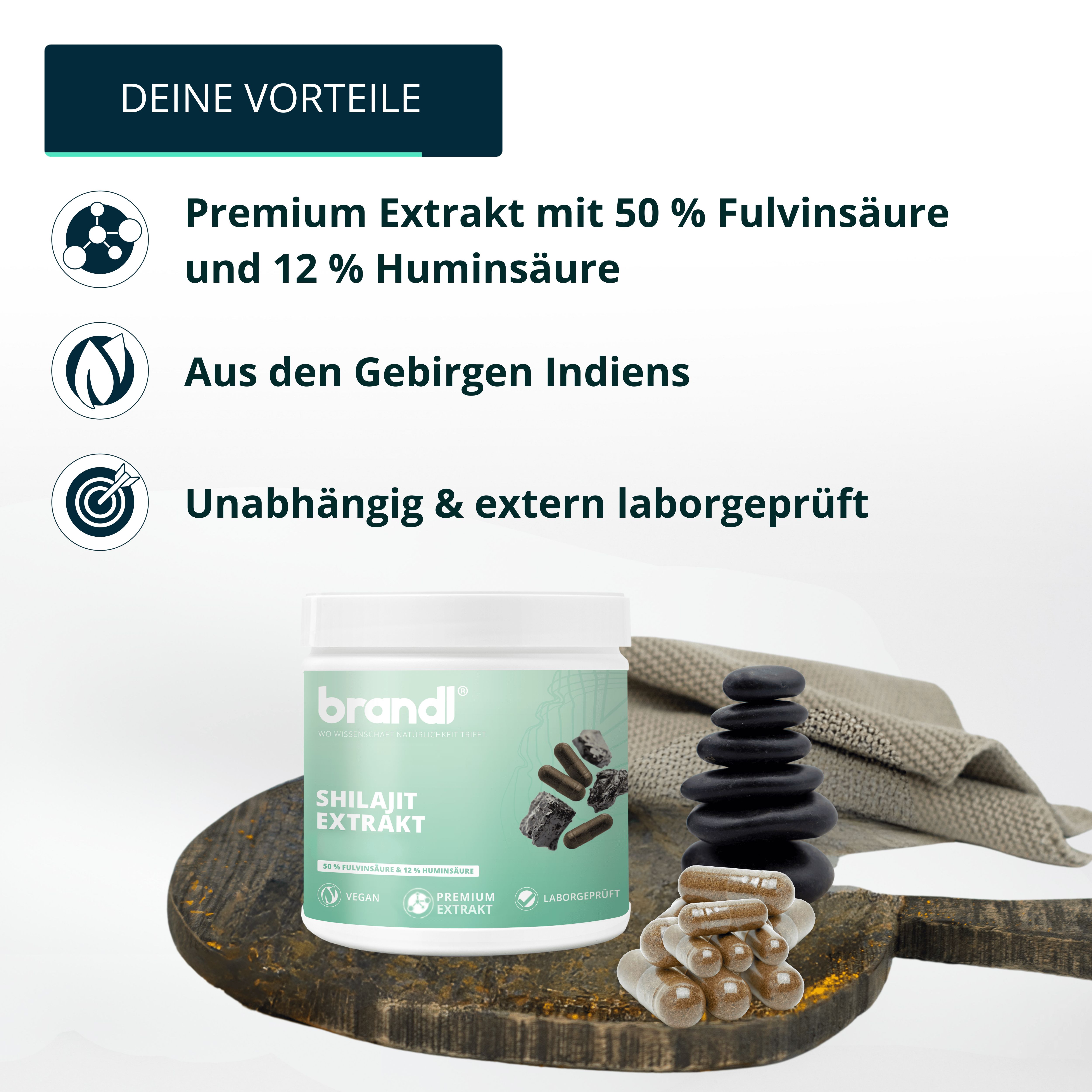 Dose mit Shilajit Extrakt, Steine, Kapseln. Text: Premium Extrakt, 50% Fulvinsäure, 12% Huminsäure. Marke: brandl.