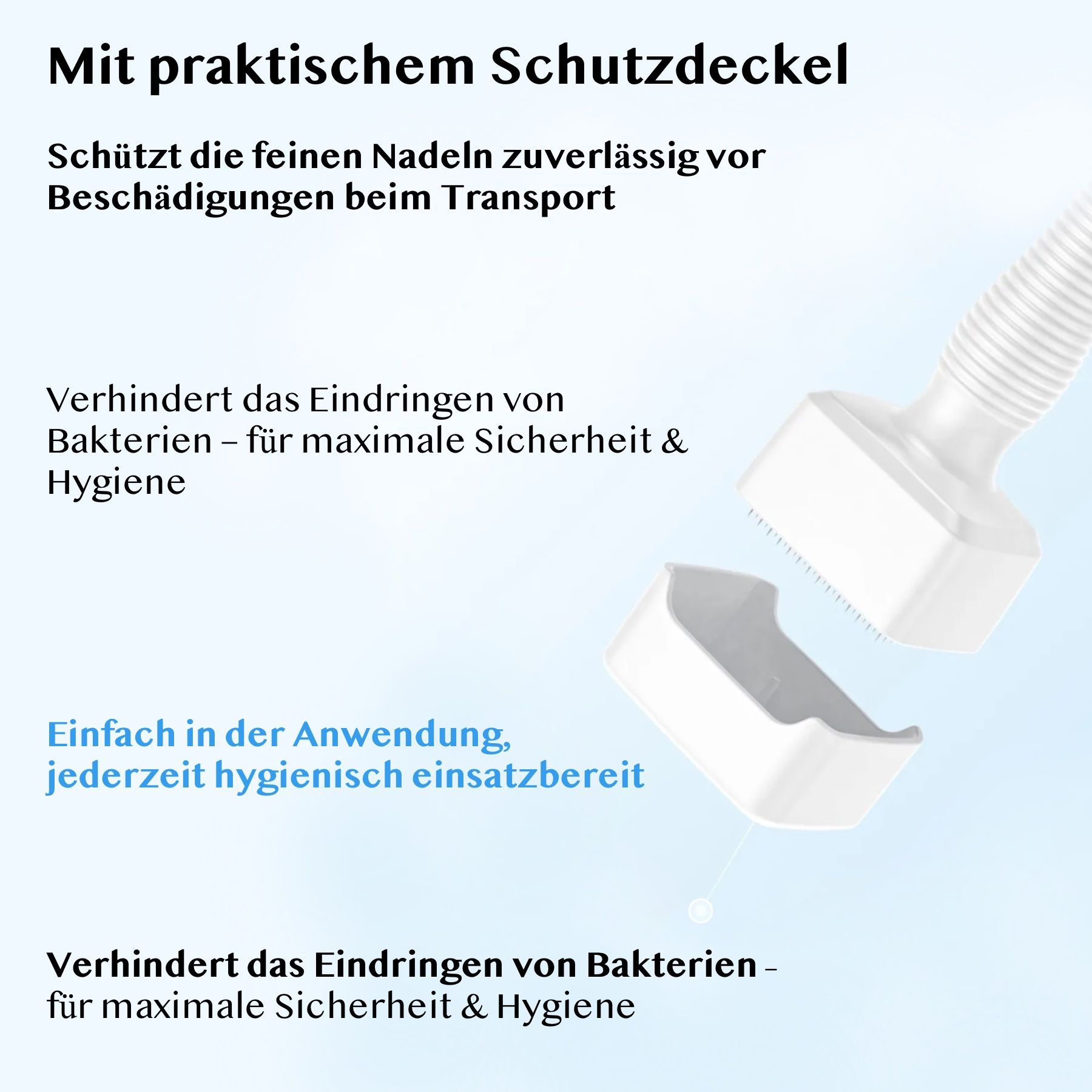 Derma Stamp mit Schutzdeckel. Text: Schützt die feinen Nadeln. Hygienisch einsatzbereit.