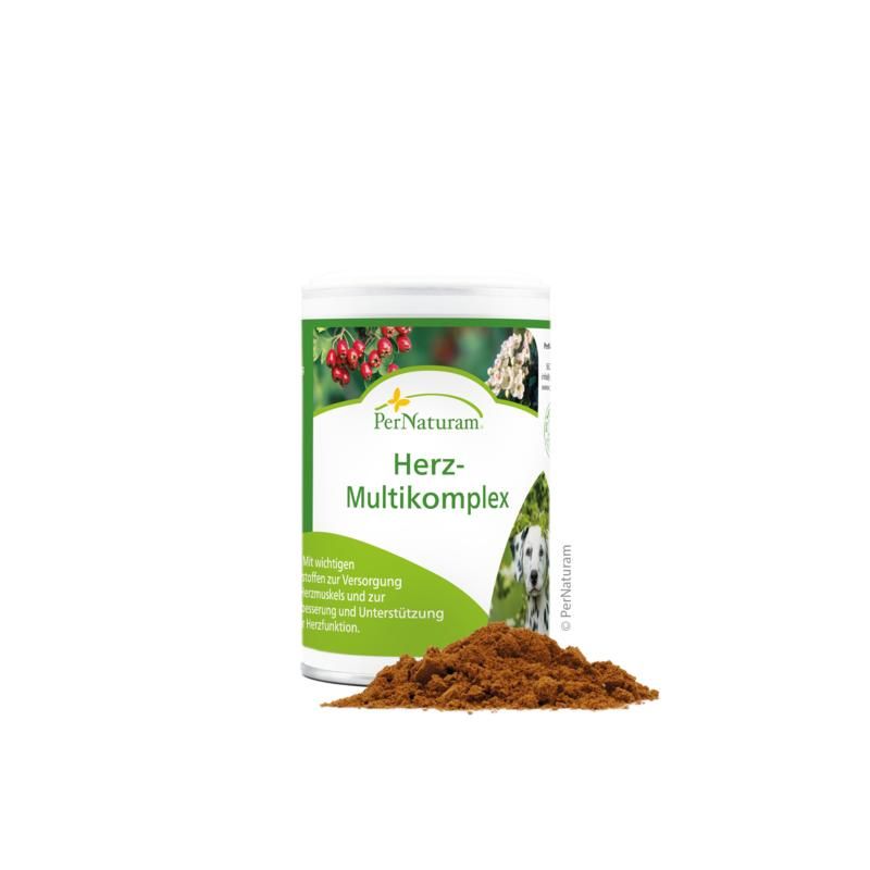 Dose Herz-Multikomplex mit braunem Pulver daneben. Grün-weißes Etikett mit Produktnamen und Logo. Dose steht.