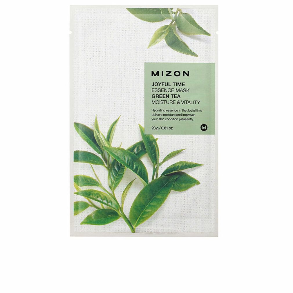 Verpackung der MIZON Joyful Time Essence Mask Green Tea. Grün-weiße Verpackung mit Produktnamen und grünen Blättern.