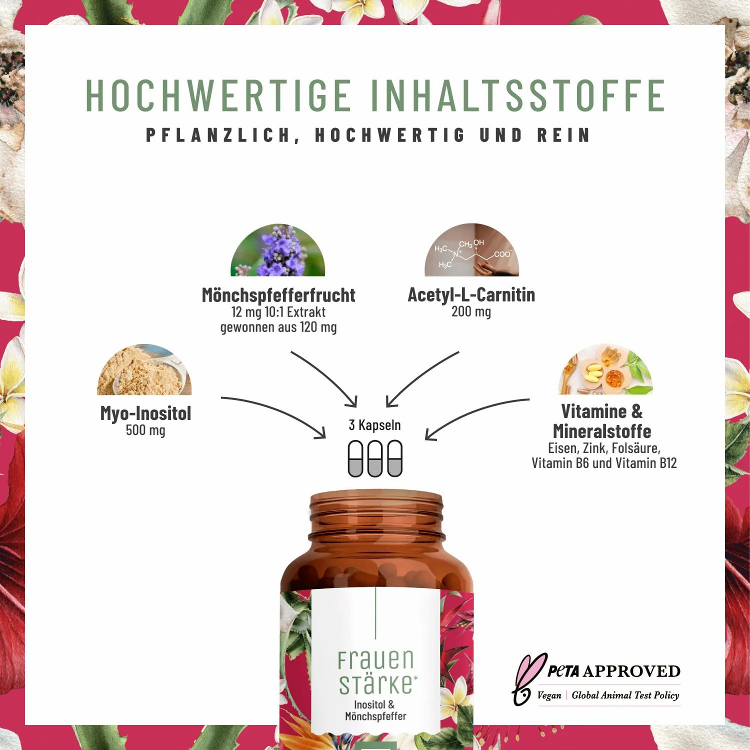 Flasche mit hochertigen Inhaltsstoffen, pflanzlich, hochwertig und rein.