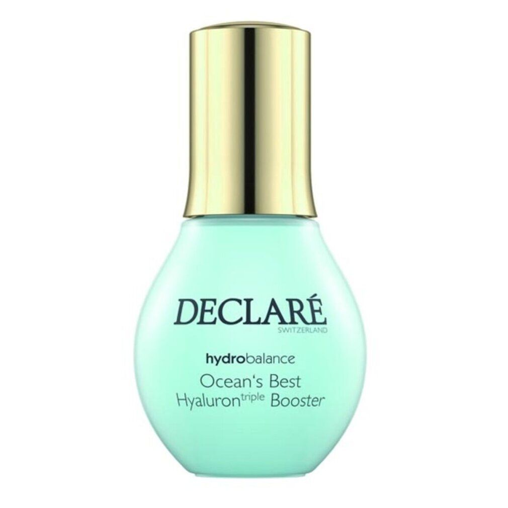 Hellblaues Fläschchen mit goldfarbenem Deckel. Aufschrift: DECLARÉ, hydrobalance, Ocean's Best, Hyaluron triple Booster.