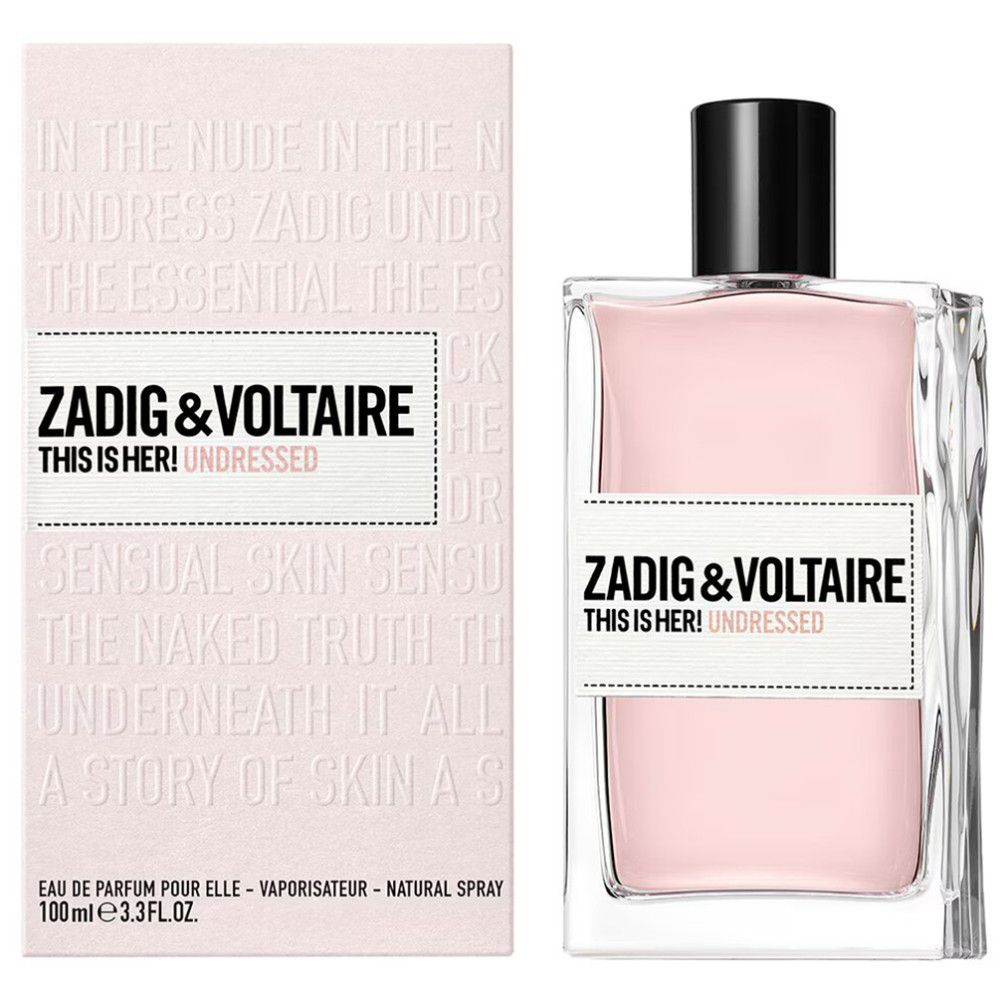 Parfümflasche und Verpackung. Aufschrift: Zadig & Voltaire This Is Her! Undressed. Rosa Flüssigkeit, schwarzer Verschluss.