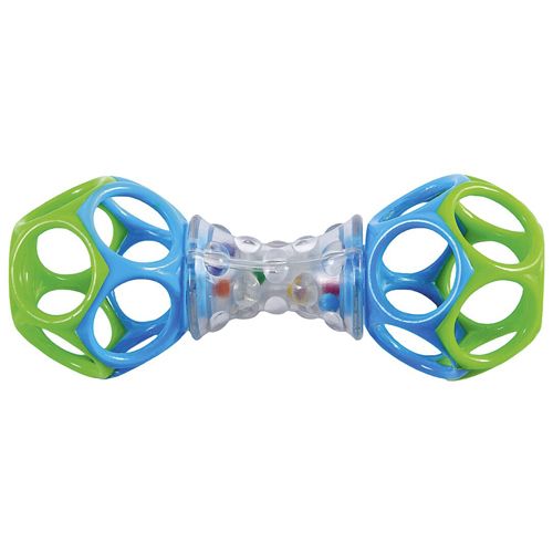 Rassel mit grünen und blauen Gitterkugeln an den Enden und einem transparenten Mittelteil mit bunten Kugeln.