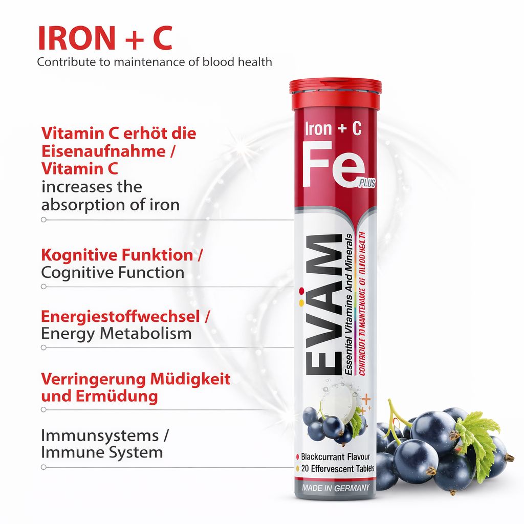 Zylindrische Verpackung mit roter Kappe. Aufschrift: Iron + C Fe plus. Marke EVÄM. Blaubeeren. Text: Eisen + Vitamin C.