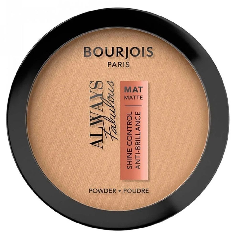 Kompaktpuder mit schwarzem Rand. Aufschrift: Bourjois Paris, Always Fabulous, Matt.