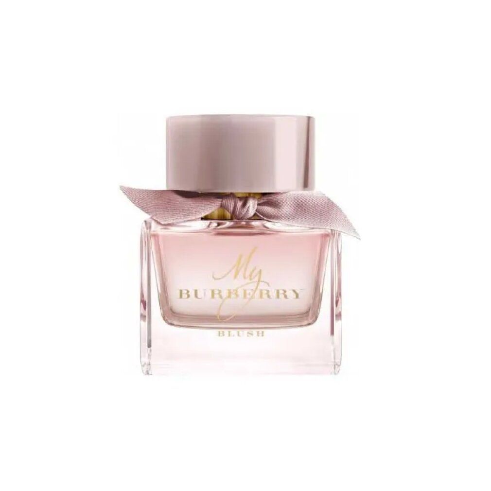 Quadratischer Flakon mit rosa Flüssigkeit, Schleife und Deckel. Schriftzug My Burberry Blush.