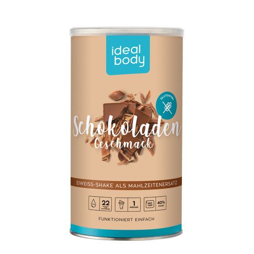 Beige Dose mit "ideal body" Logo und "Schokoladen Geschmack". Enthält Proteinshake-Pulver. Glutenfrei-Symbol.