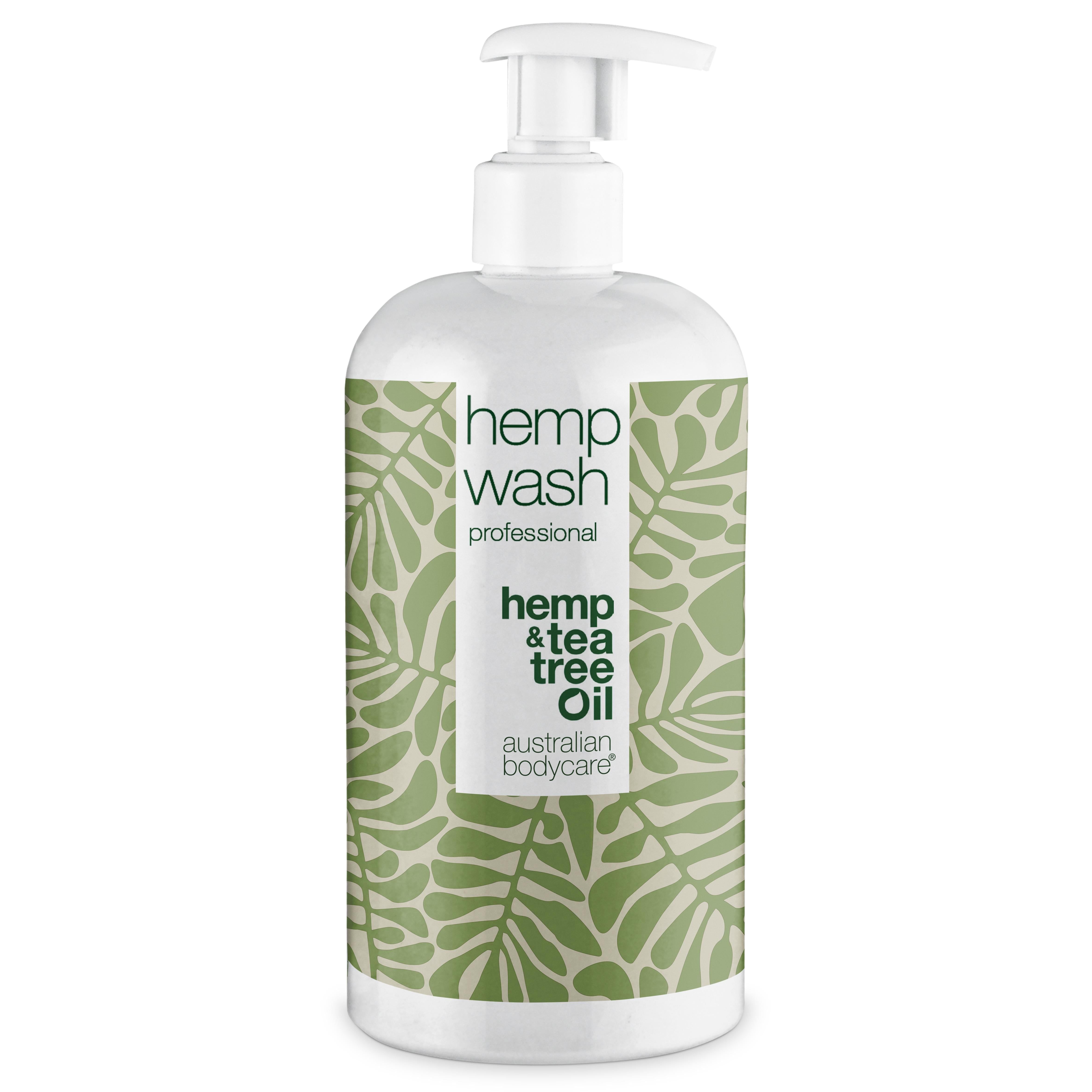 Weißer Spender mit grünem Aufdruck. Text: hemp wash professional, hemp & tea tree oil, Australian Bodycare.