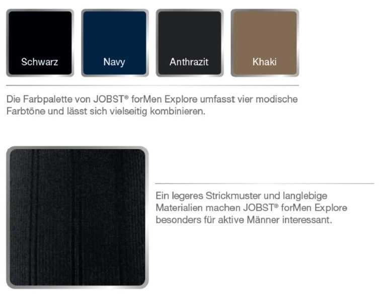 Farbpalette JOBST fürMen Explore: Schwarz, Navy, Anthrazit, Khaki. Strickmuster. Text: 'legere Strickmuster'.