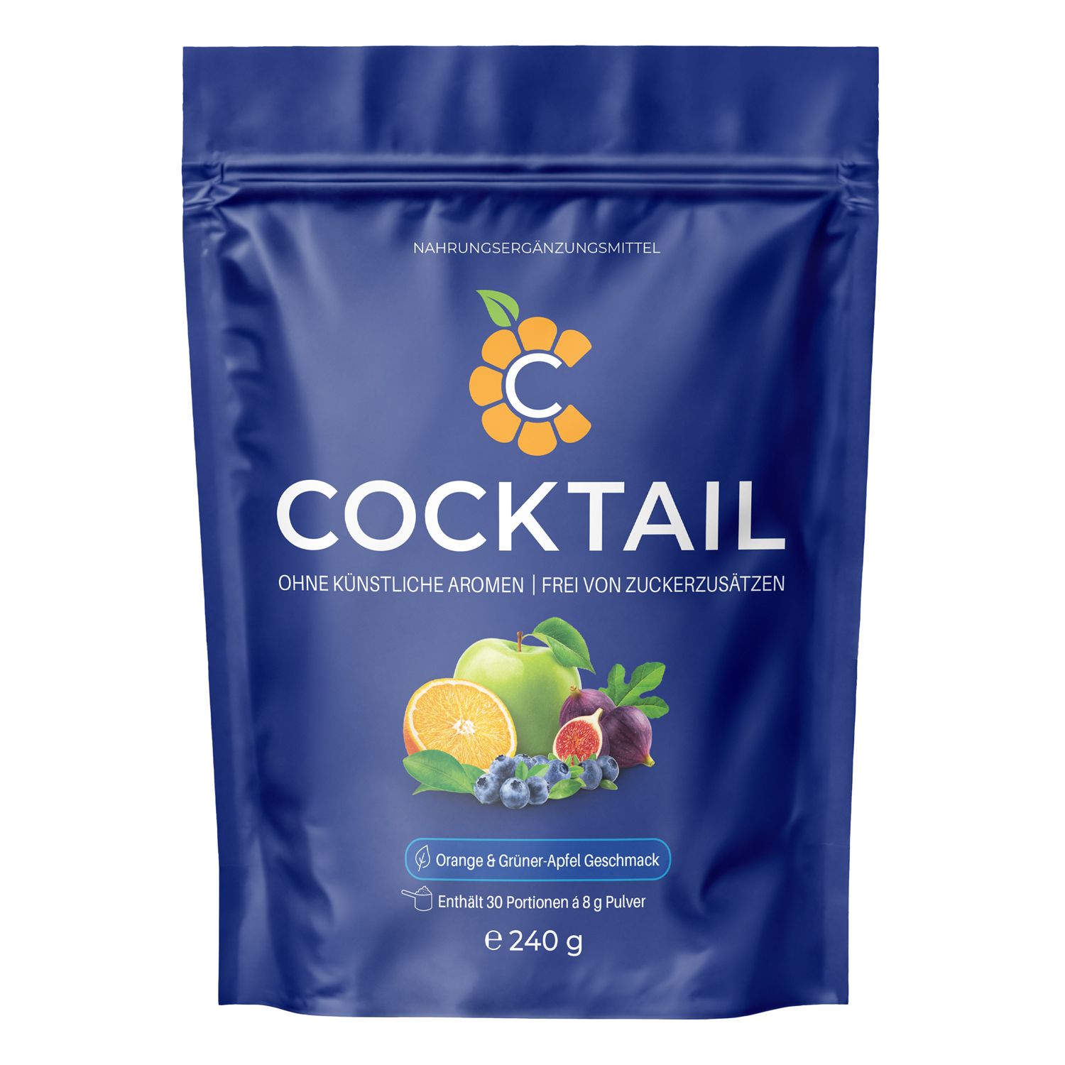 Dunkelblaue Standbodenbeutel-Verpackung mit C Cocktail Pulver Aufschrift, Orangen-, Apfel-, Blaubeer- und Feigenabbildungen, 240g.