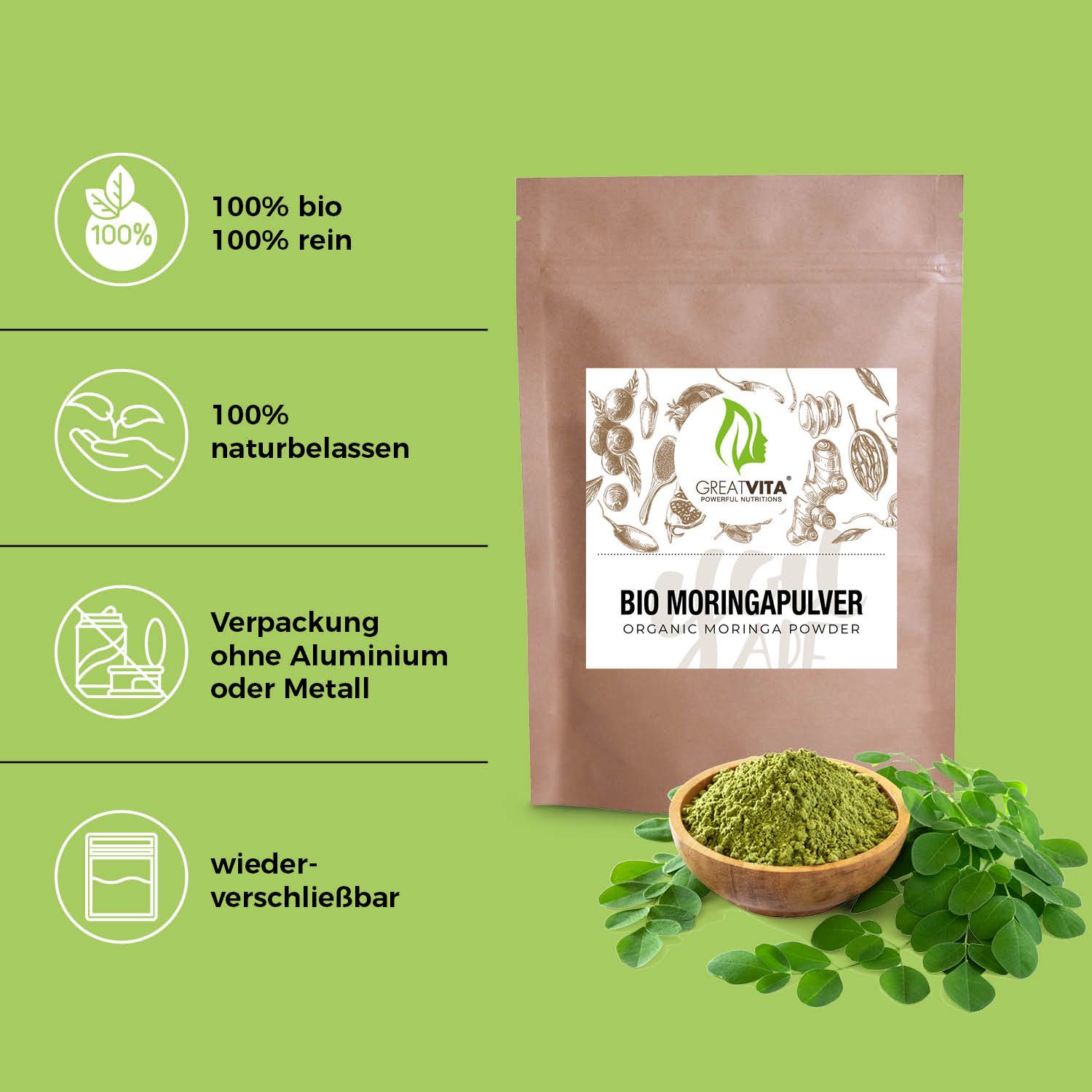 Produktverpackung mit Texten: "BIO MORINGAPULVER", "100% bio", "100% rein", "100% naturbelassen", "wiederverschließbar".