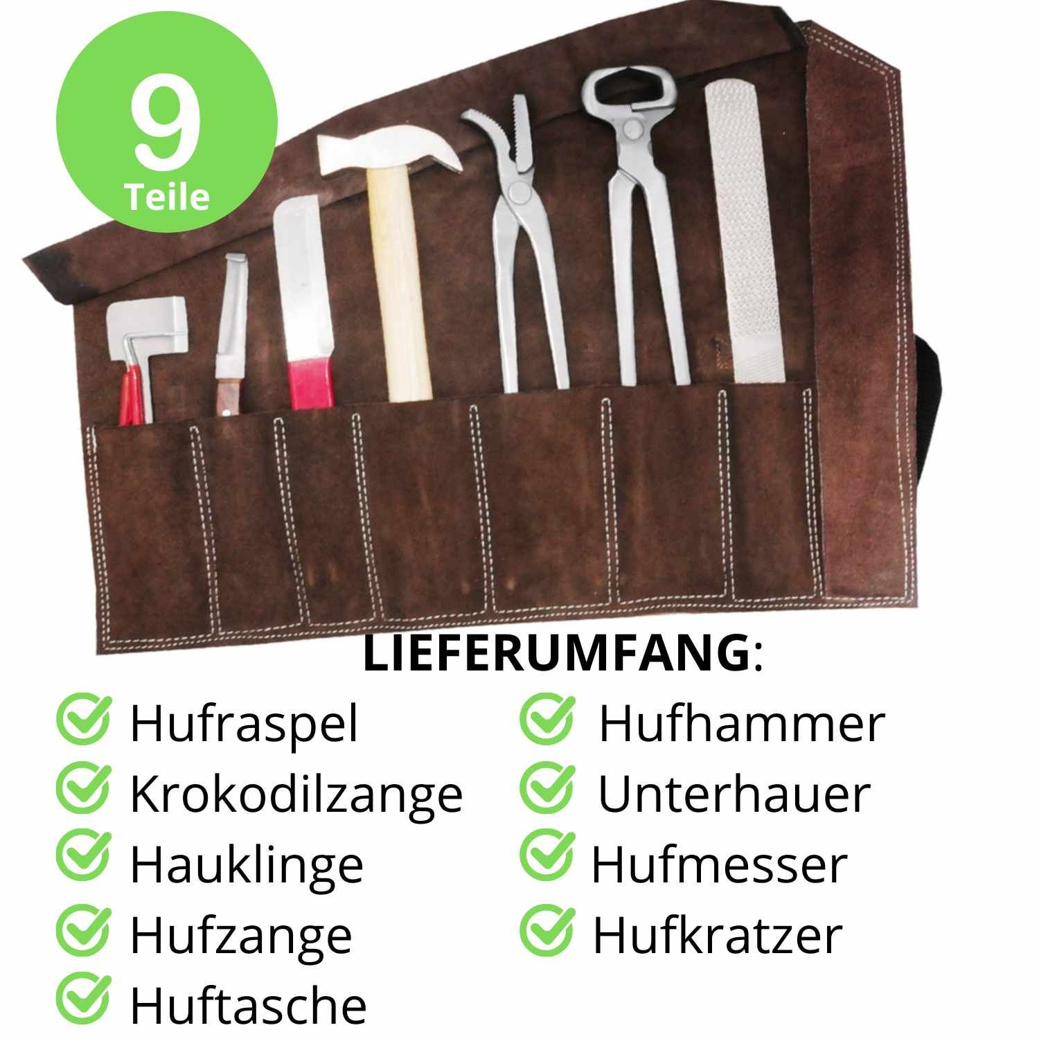 Braune Ledertasche mit 9 Werkzeugen. Text: Hufkratzer, Hufzange, Hufmesser, Hufhammer, Hufklinge, Unterhauer, Hufzange, Hufkratzer, Hufkratzer.