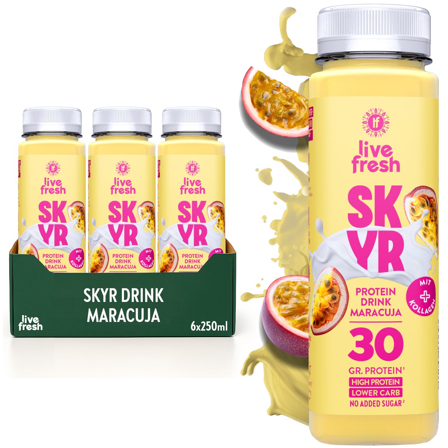 Mehrere Flaschen Skyr Drink Maracuja in einer Box. Einzelne Flasche mit Maracuja-Scheiben. Aufschrift: SKYR, Protein Drink, 30 gr. Protein.
