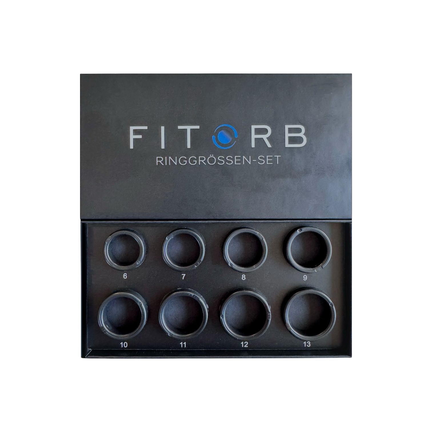 Schwarze Box mit acht schwarzen Ringen. Aufschrift: FITORB Ringgrößen-Set. Ringgrößen 6-13.