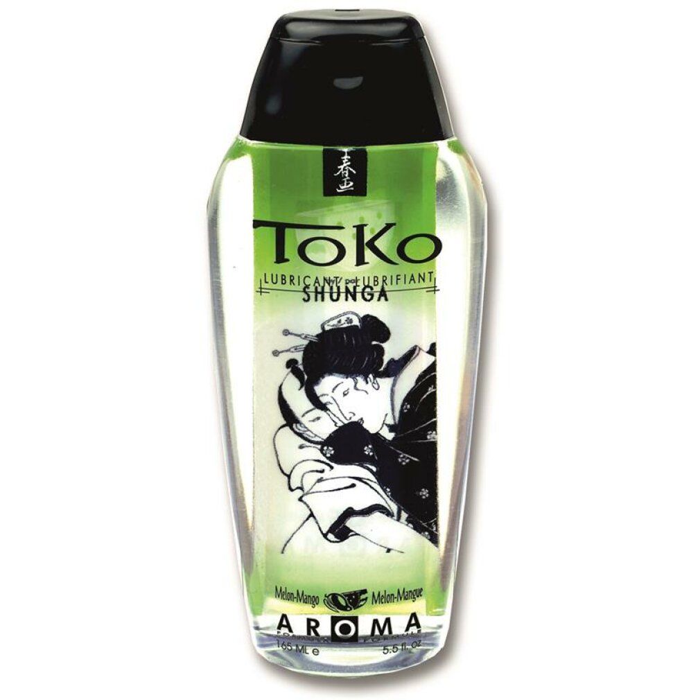 Flüssiges Gleitmittel in einer transparenten Flasche mit schwarzem Deckel. Etikett mit Schriftzug „Toko“ und Illustration.