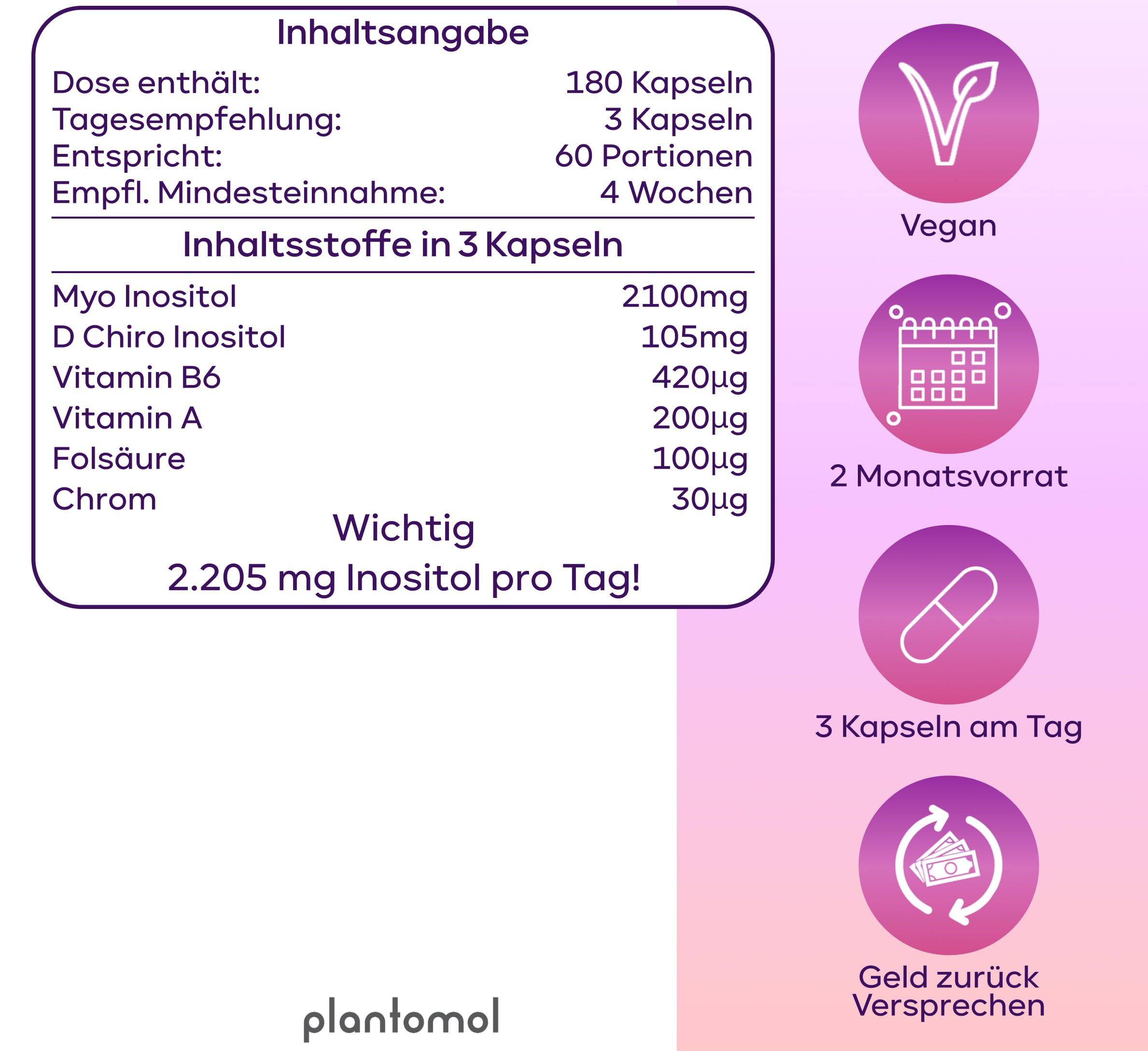 Infografik mit Nährwertangaben und Icons. Enthält Informationen zu Inhaltsstoffen, Tagesempfehlung und Packungsinhalt. Vegan-Symbol.