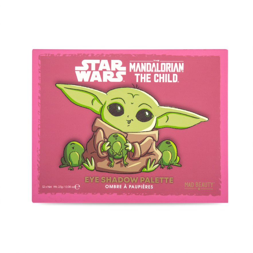 Lidschatten-Palette mit Baby Yoda-Illustration. Rosa Verpackung mit Star Wars-Logo und Produktbezeichnung.